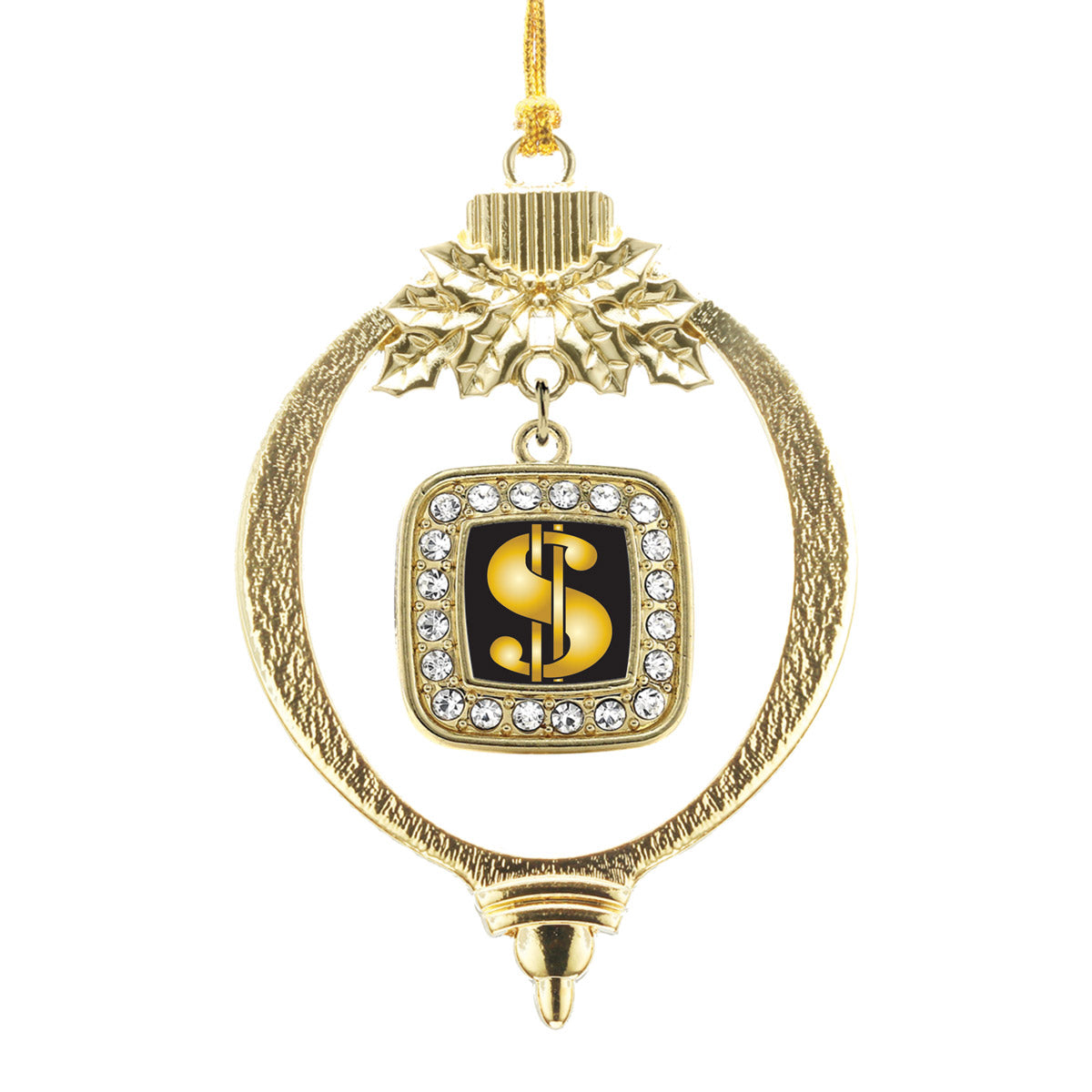 Gold Dollar Sign Square Charm Holiday Ornament