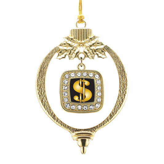 Gold Dollar Sign Square Charm Holiday Ornament