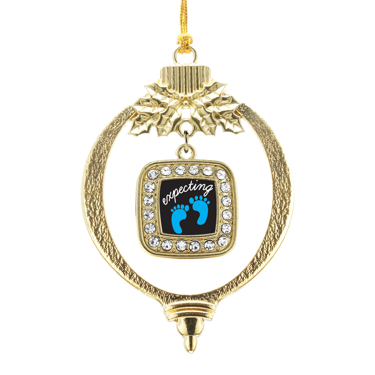 Gold Expecting A Boy Footprints Square Charm Holiday Ornament