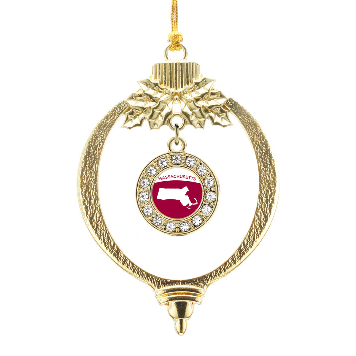 Gold Massachusetts Outline Circle Charm Holiday Ornament