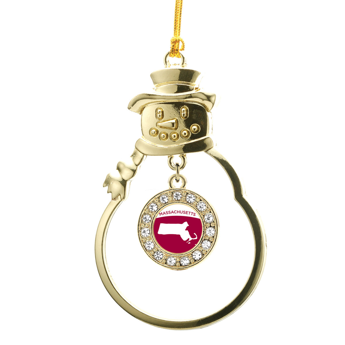 Gold Massachusetts Outline Circle Charm Snowman Ornament