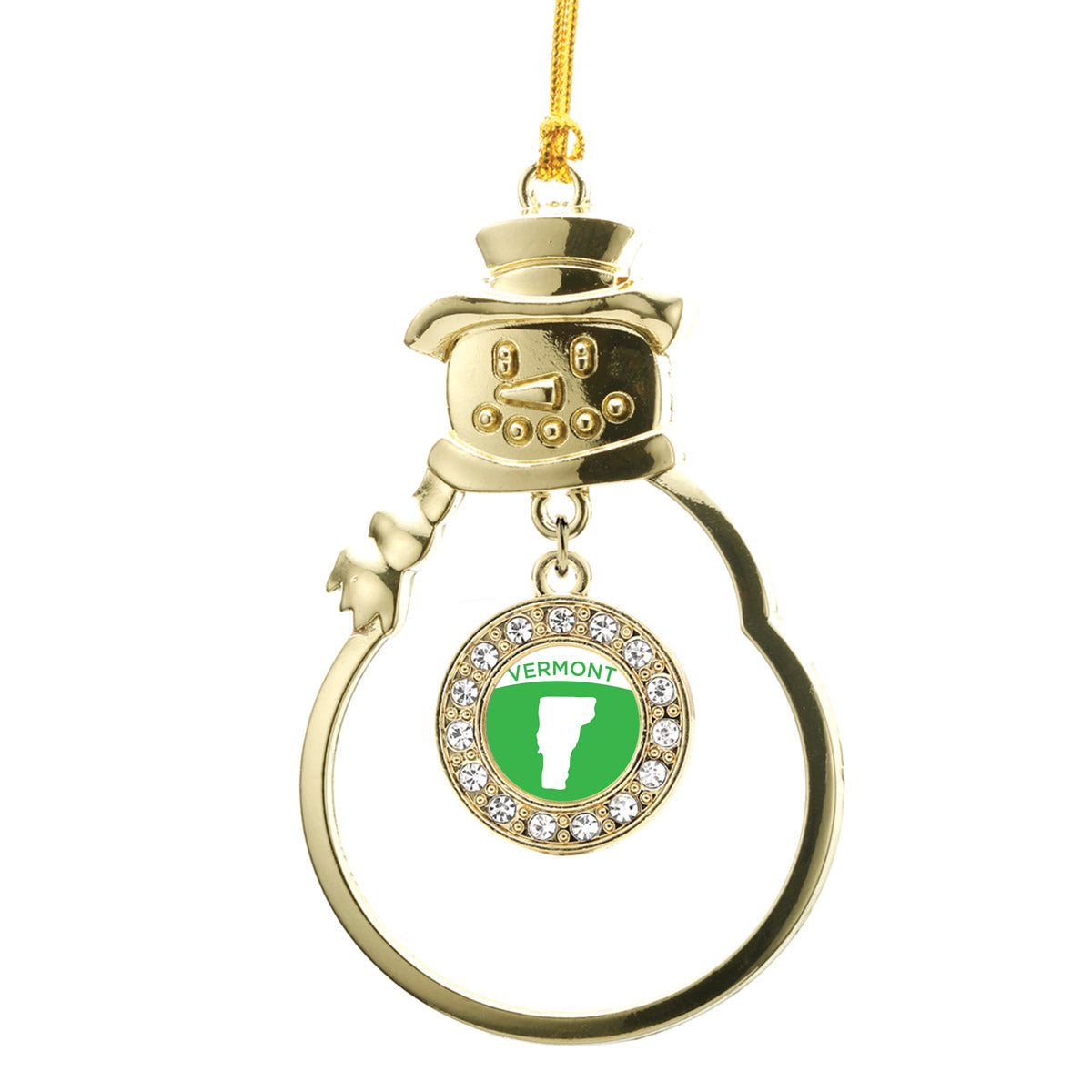 Gold Vermont Outline Circle Charm Snowman Ornament
