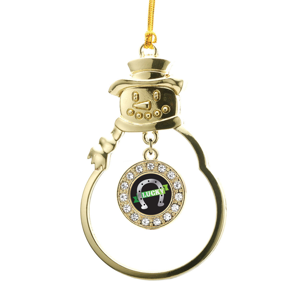 Gold Lucky Horse Shoe Circle Charm Snowman Ornament