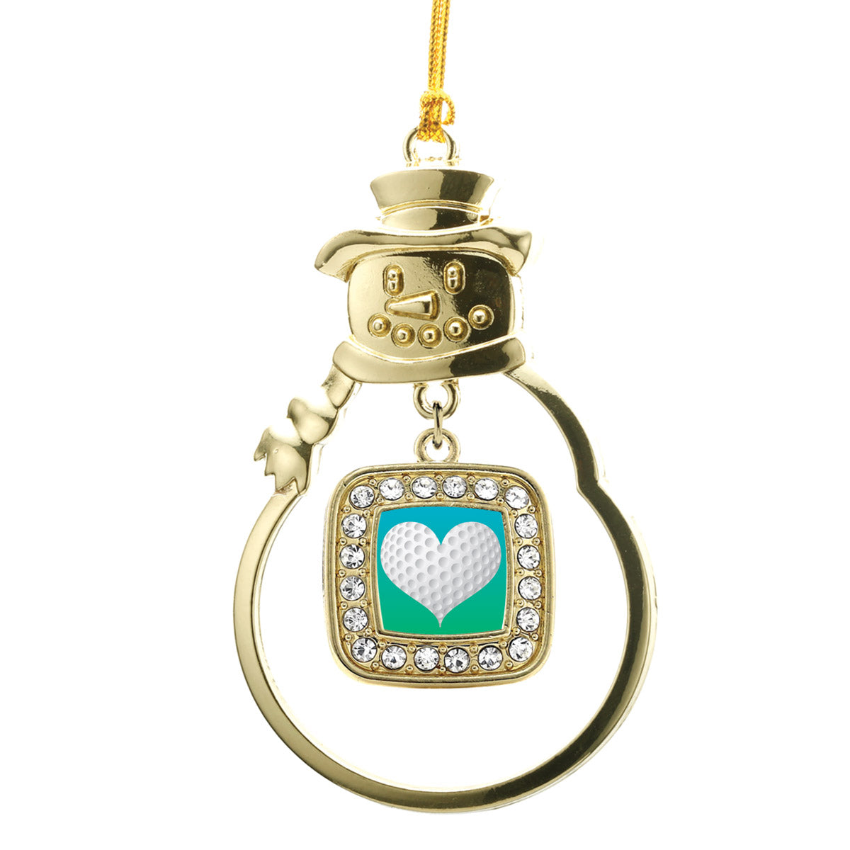 Gold Heart Of A Golfer Square Charm Snowman Ornament