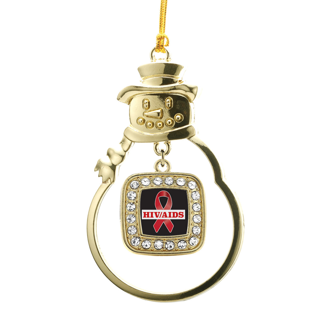 Gold HIV/AIDS Awareness Ribbon Square Charm Snowman Ornament