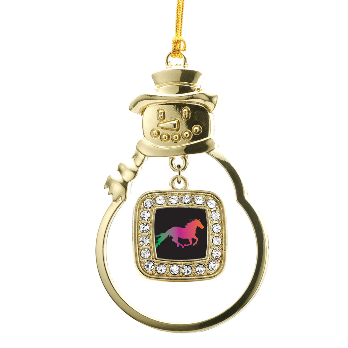 Gold Horse Lovers Square Charm Snowman Ornament