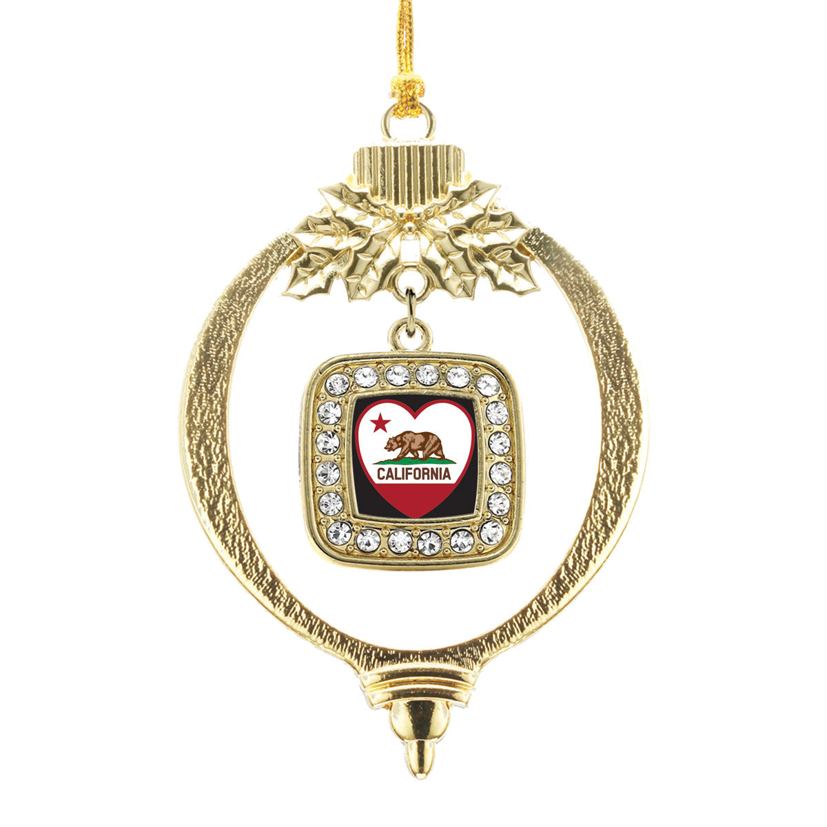 Gold California Heart Flag Square Charm Holiday Ornament