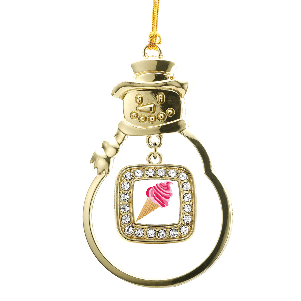 Gold Ice Cream Cone Lovers Square Charm Snowman Ornament