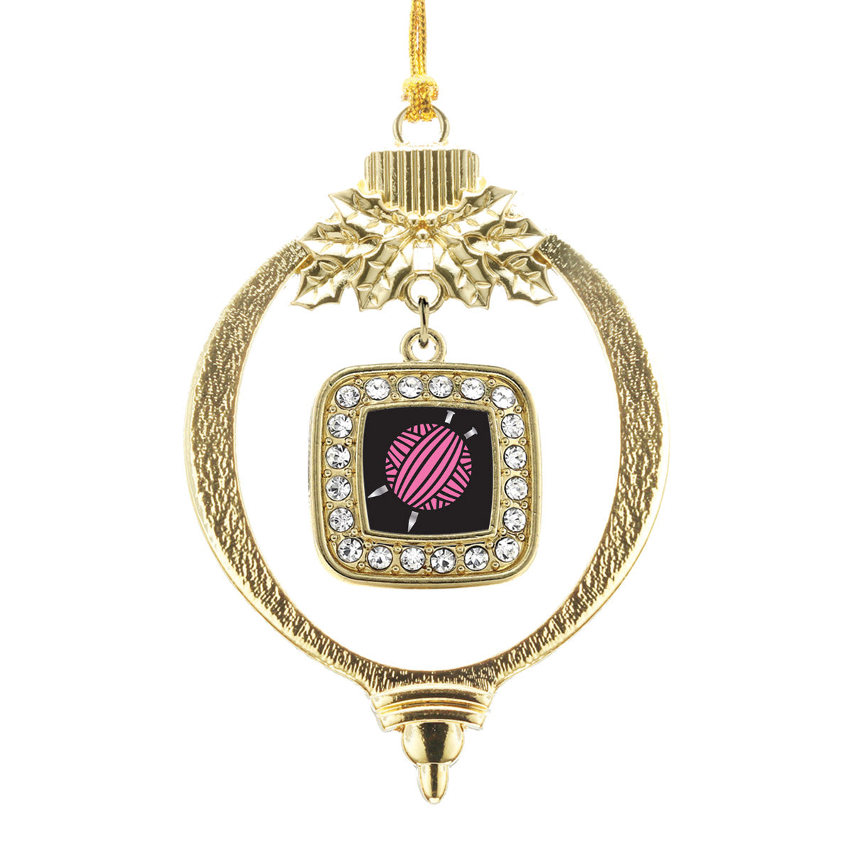Gold Knitting Needles Square Charm Holiday Ornament