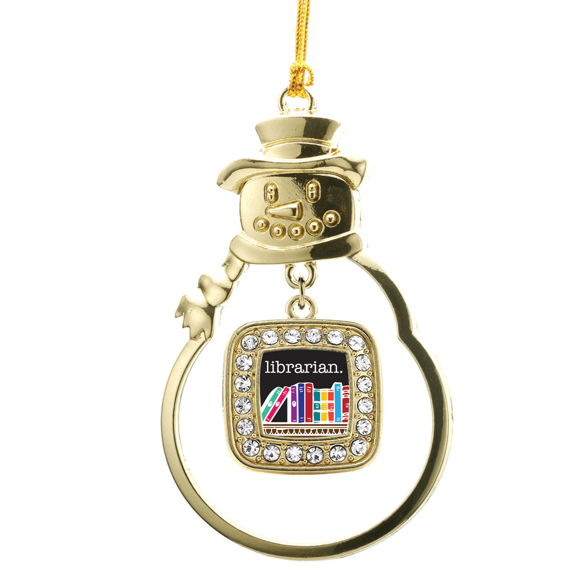 Gold Librarian Square Charm Snowman Ornament