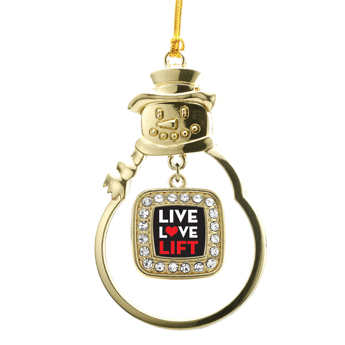 Gold Live, Love, Lift Square Charm Snowman Ornament
