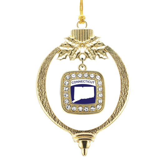 Gold Connecticut Outline Square Charm Holiday Ornament