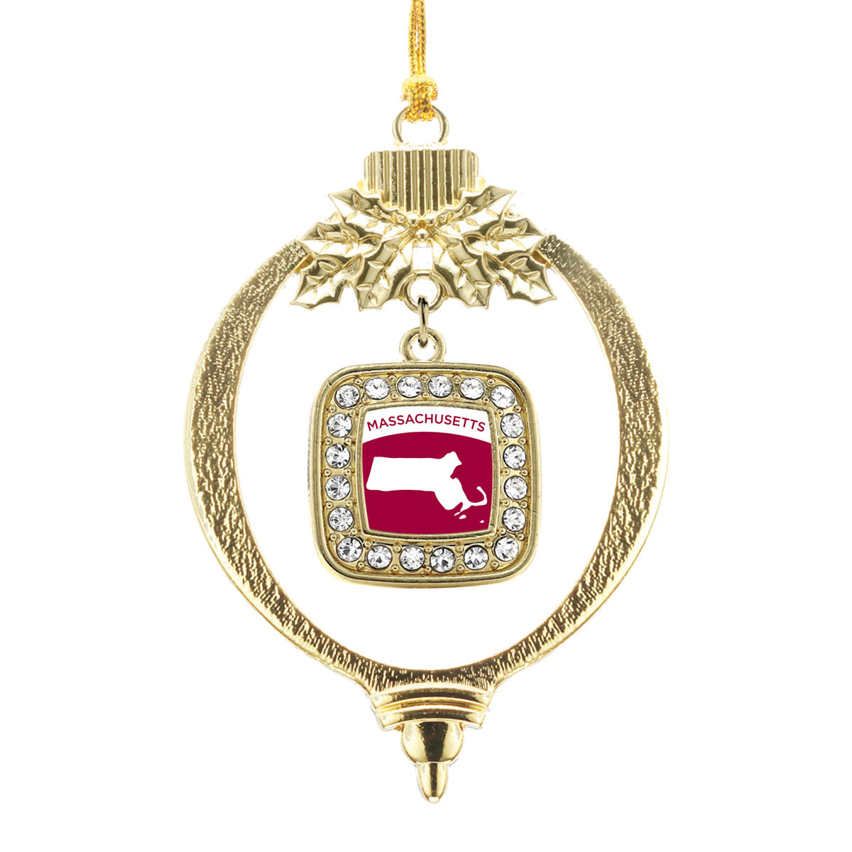 Gold Massachusetts Outline Square Charm Holiday Ornament