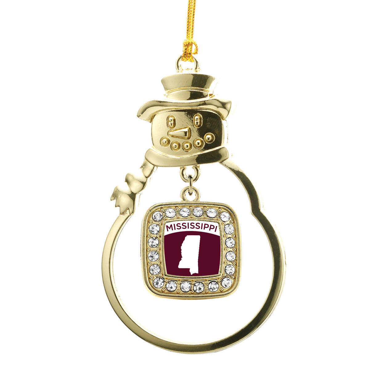 Gold Mississippi Outline Square Charm Snowman Ornament
