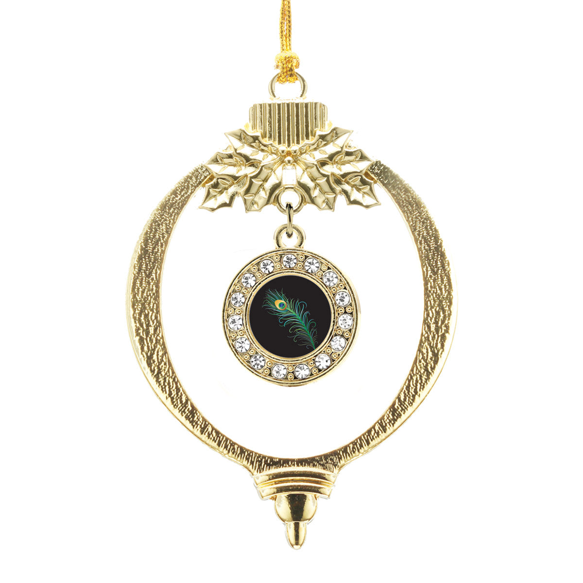 Gold Peacock Feather Circle Charm Holiday Ornament