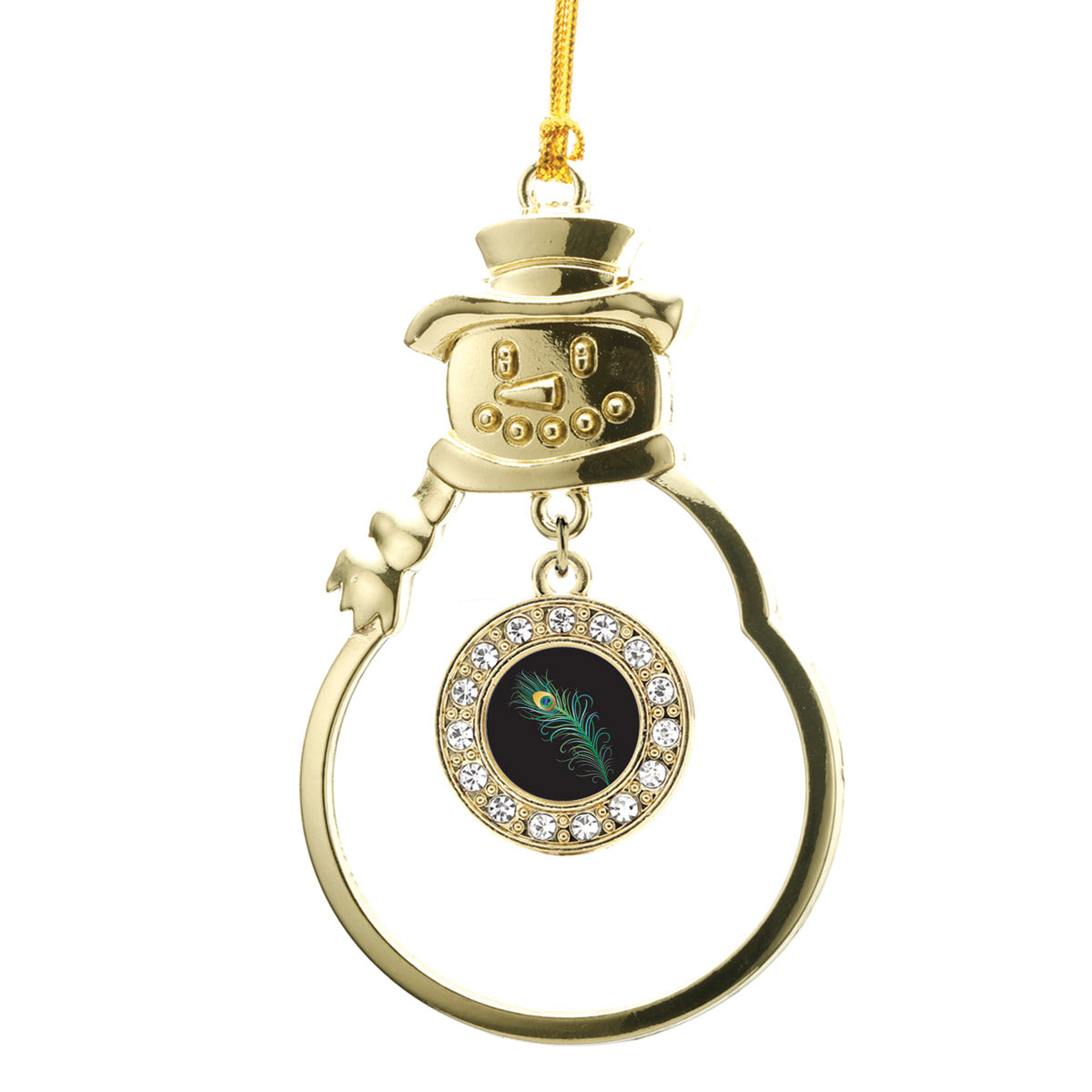 Gold Peacock Feather Circle Charm Snowman Ornament