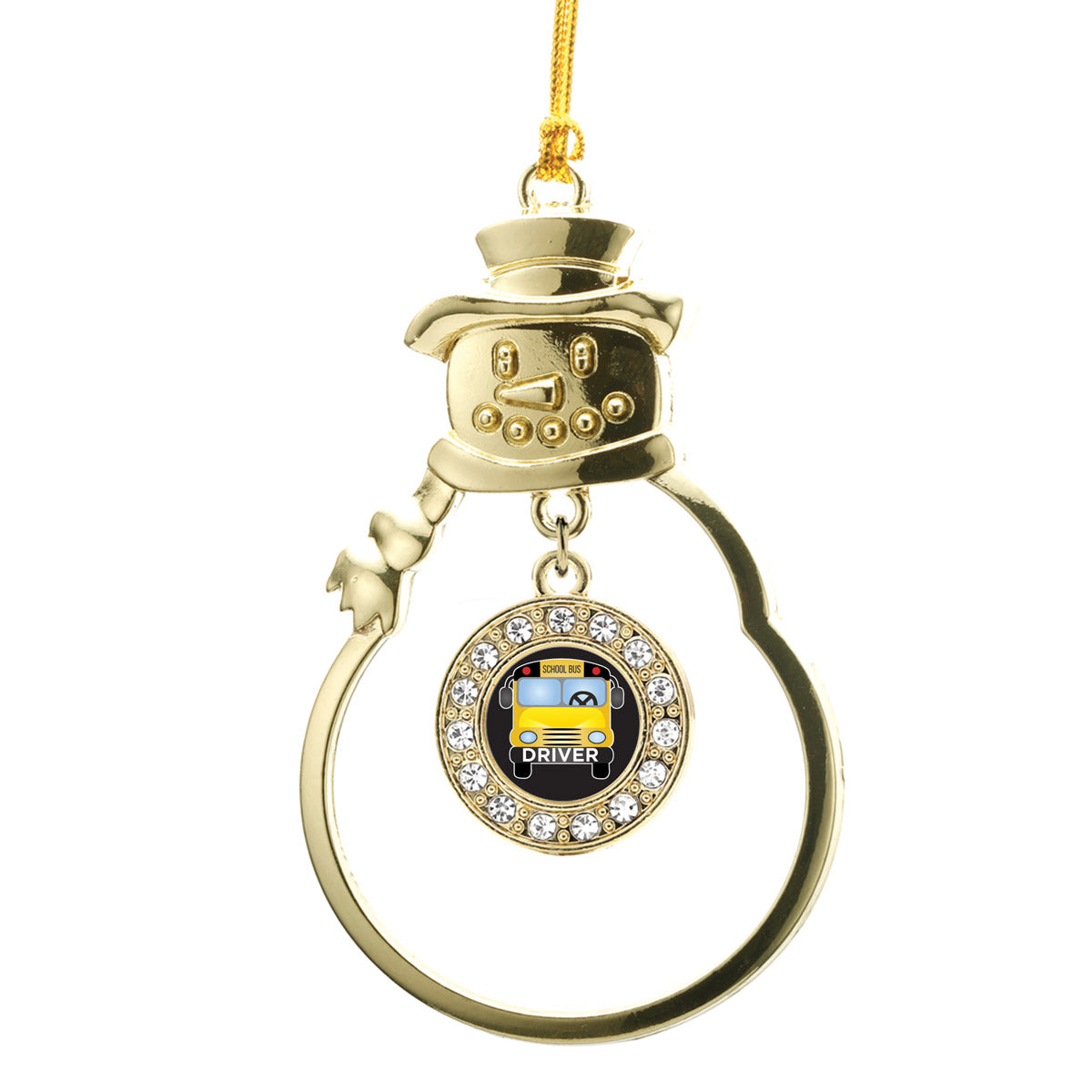 Gold School Bus Circle Charm Snowman Ornament