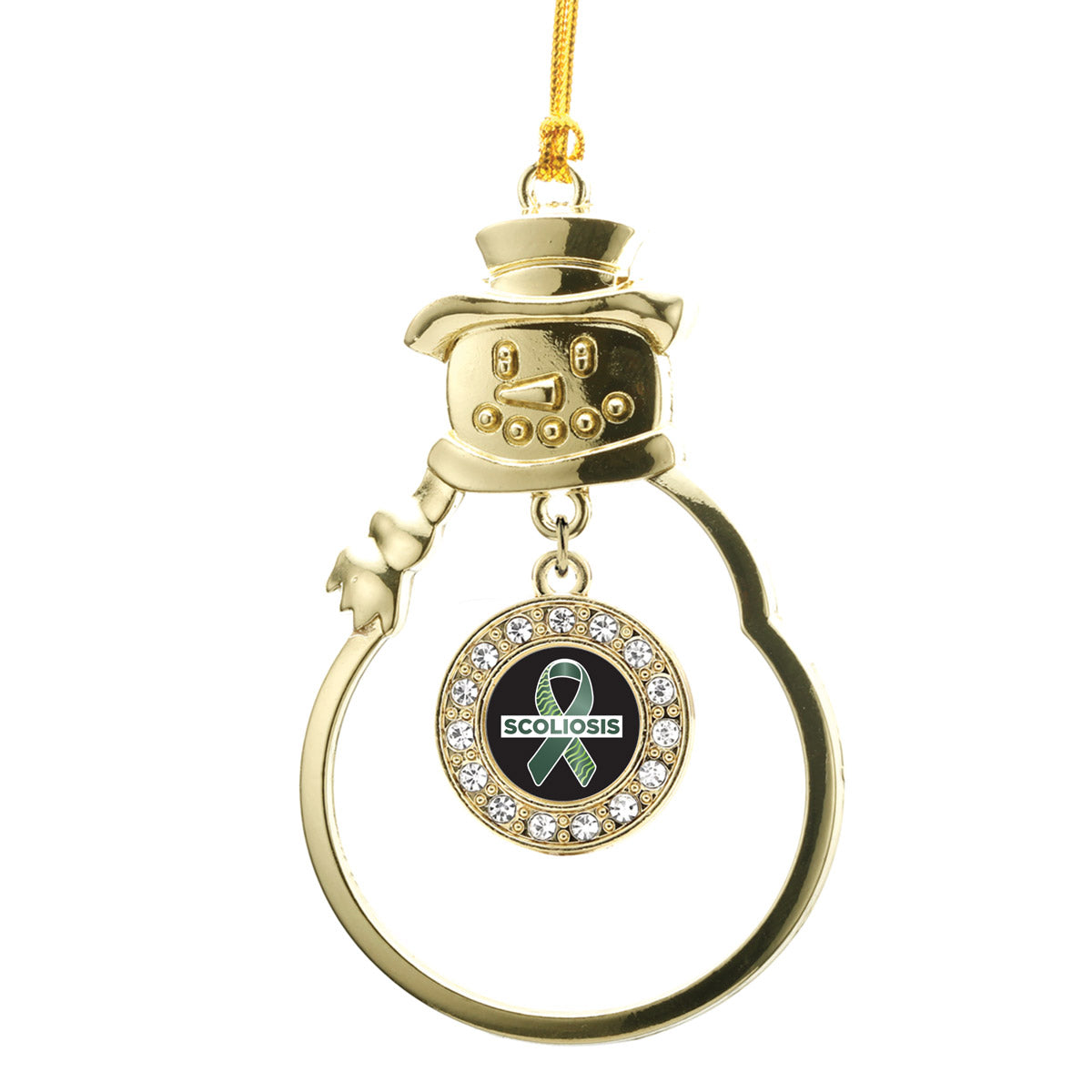 Gold Scoliosis Support and Awareness Circle Charm Snowman Ornament