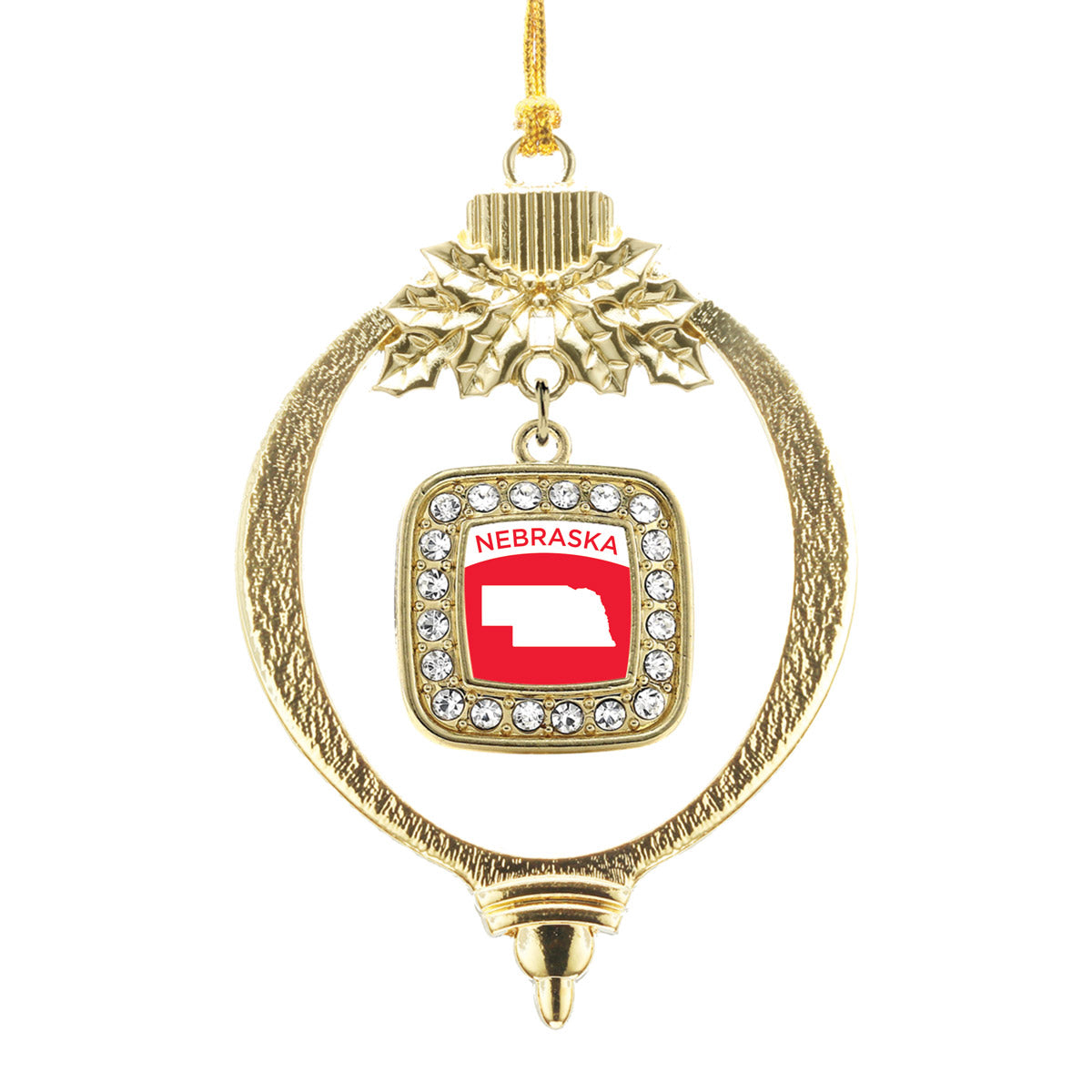 Gold Nebraska Outline Square Charm Holiday Ornament