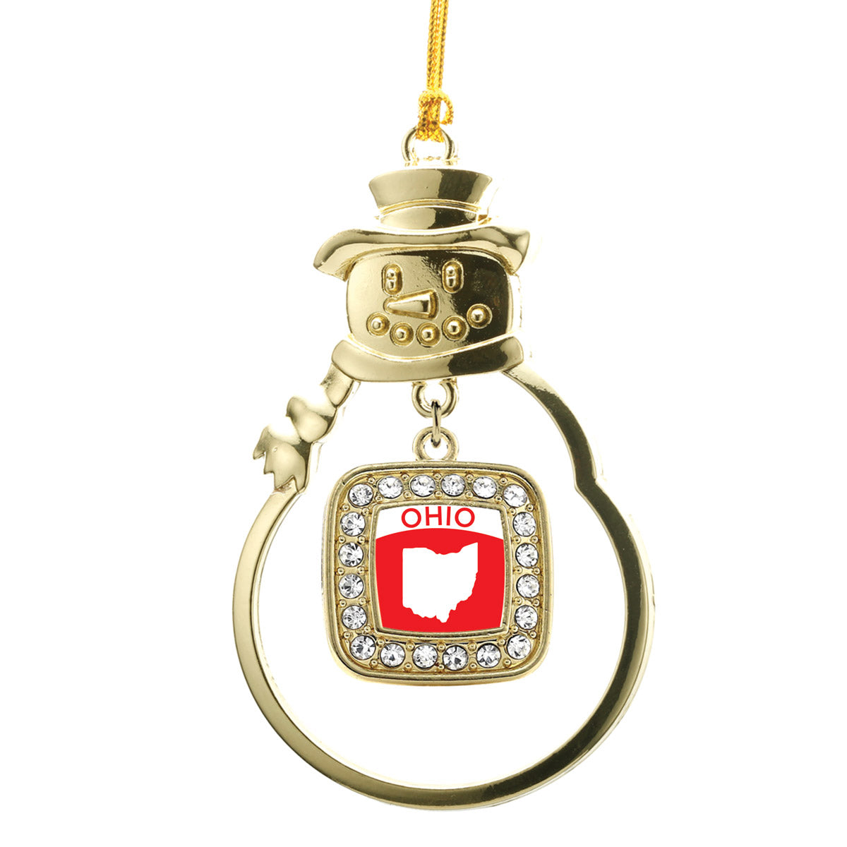 Gold Ohio Outline Square Charm Snowman Ornament