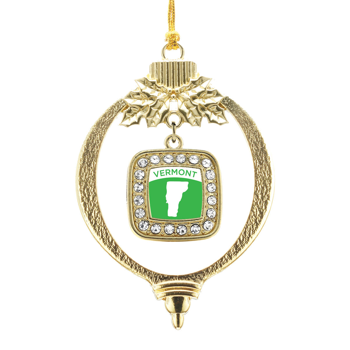 Gold Vermont Outline Square Charm Holiday Ornament