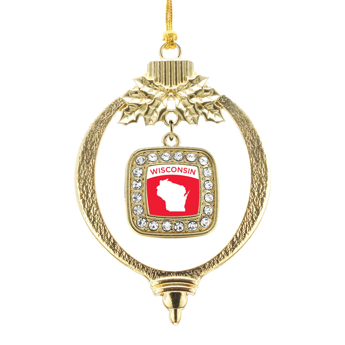 Gold Wisconsin Outline Square Charm Holiday Ornament