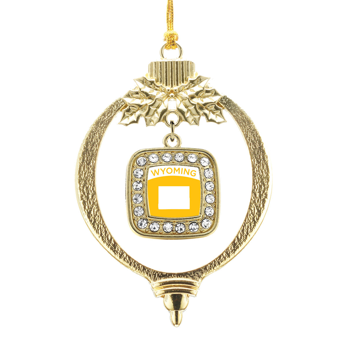 Gold Wyoming Outline Square Charm Holiday Ornament