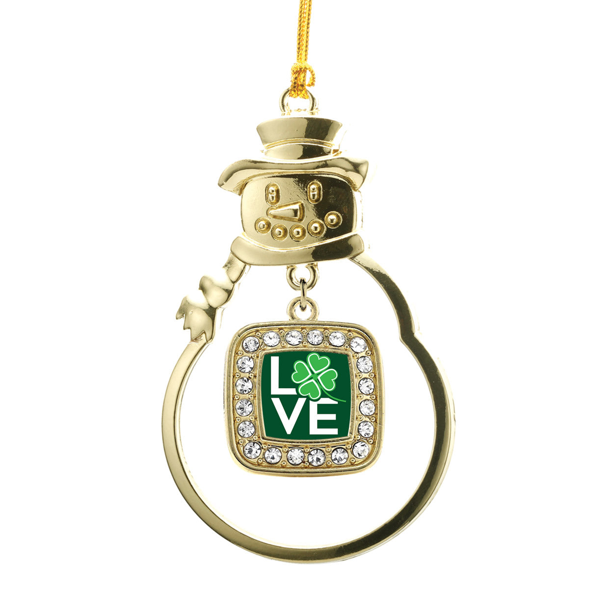 Gold Lucky Clover Of Love Square Charm Snowman Ornament