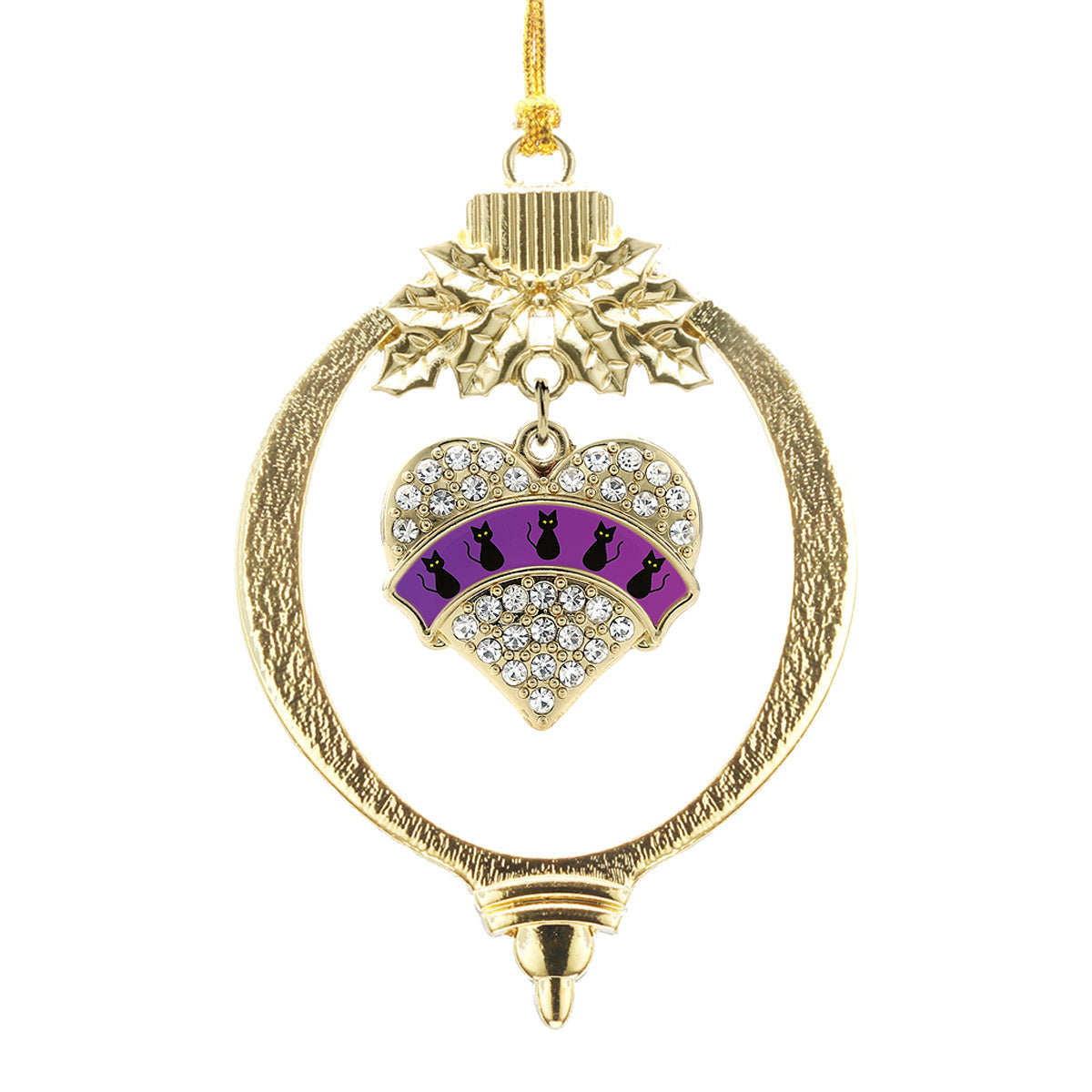 Gold Black Cats Pave Heart Charm Holiday Ornament