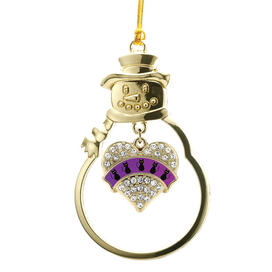 Gold Black Cats Pave Heart Charm Snowman Ornament