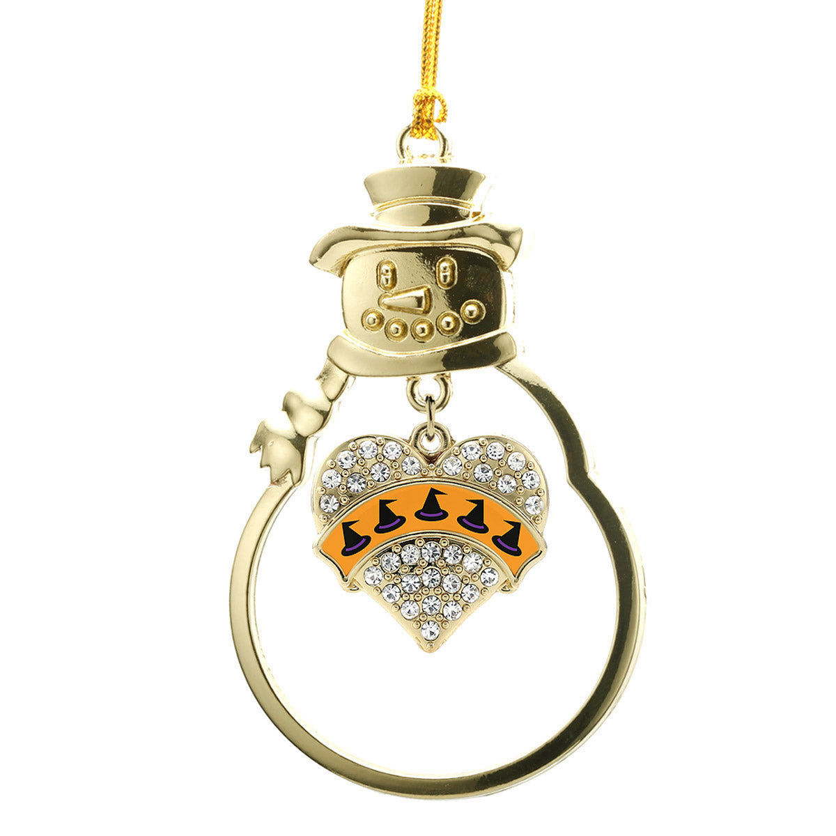 Gold Witch Hats Pave Heart Charm Snowman Ornament