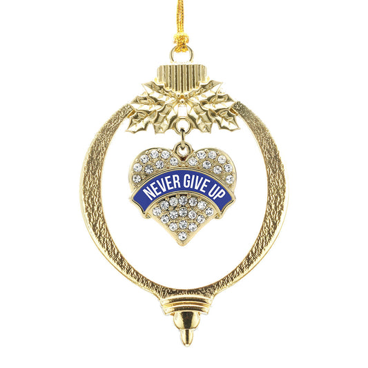 Gold Blue Banner Never Give Up Pave Heart Charm Holiday Ornament