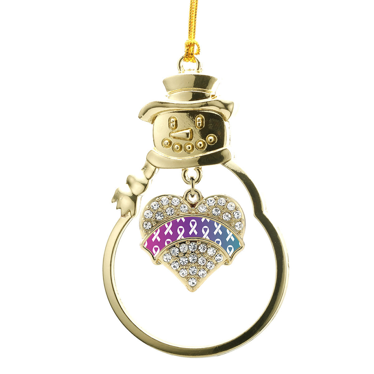 Gold Thyroid Ribbon Support Pave Heart Charm Snowman Ornament
