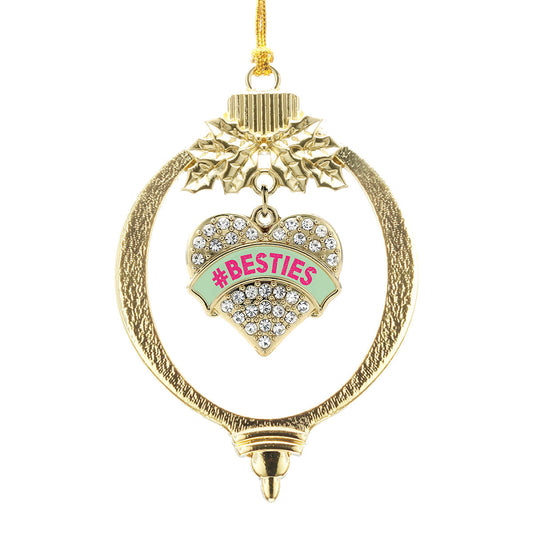 Gold #BESTIES Green Candy Pave Heart Charm Holiday Ornament