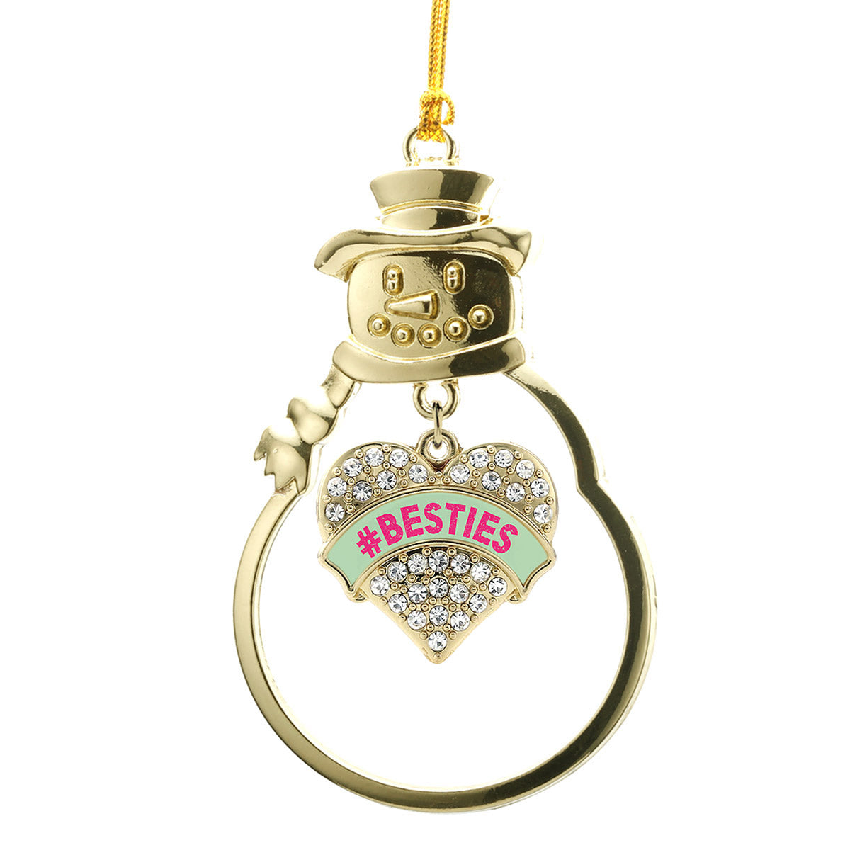 Gold #BESTIES Green Candy Pave Heart Charm Snowman Ornament