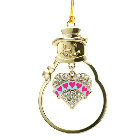 Gold Blue Candy Pave Heart Charm Snowman Ornament