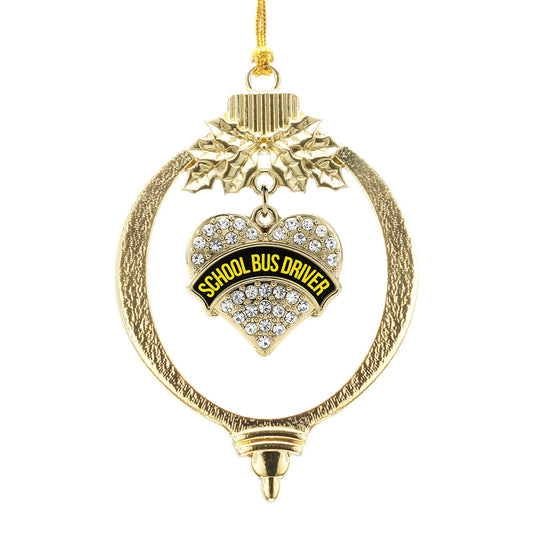 Gold Black and Yellow School Bus Driver Pave Heart Charm Holiday Ornament
