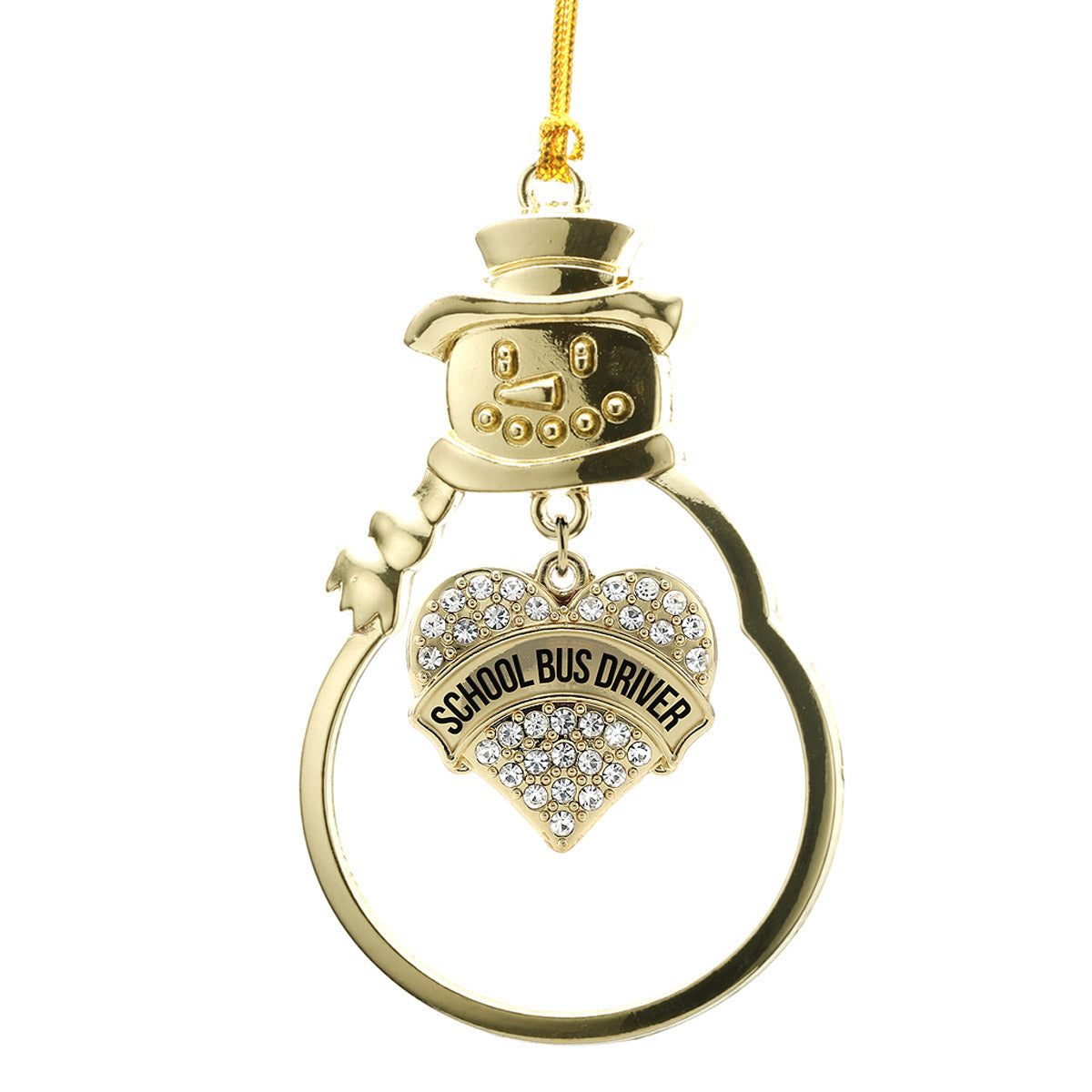 Gold School Bus Driver Pave Heart Charm Snowman Ornament
