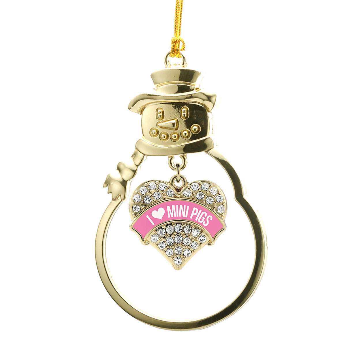Gold I Love Mini Pigs - Pink Pave Heart Charm Snowman Ornament