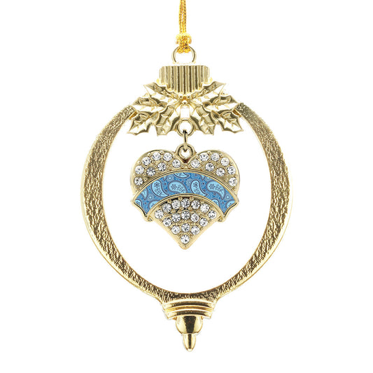Gold Blue Paisley Pattern Thyroid Awareness Pave Heart Charm Holiday Ornament