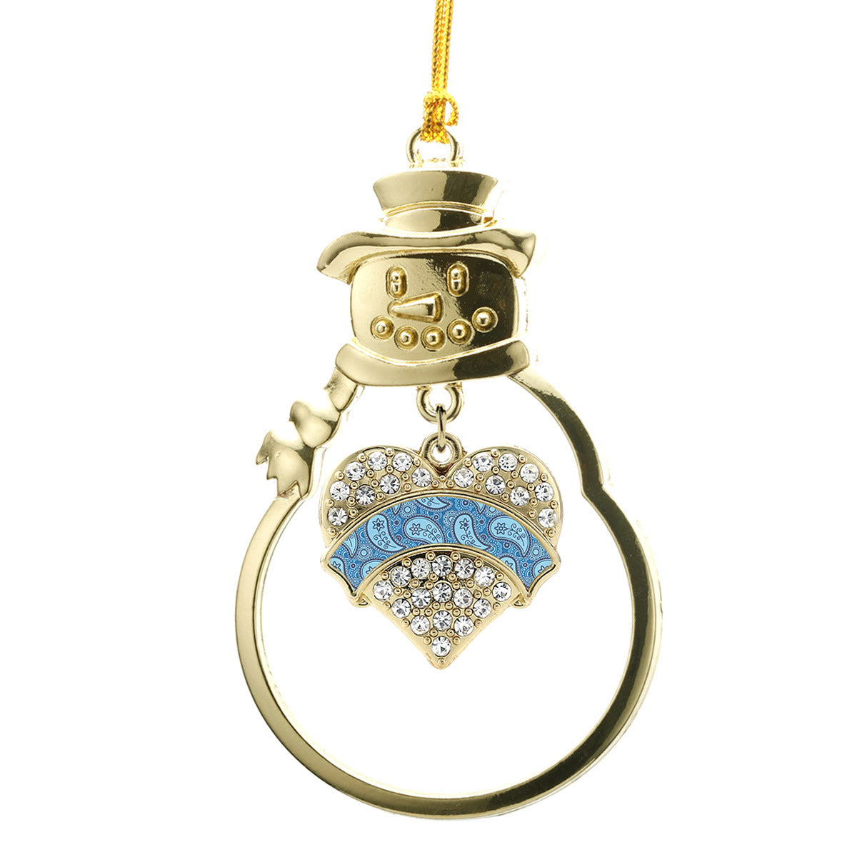 Gold Blue Paisley Pattern Thyroid Awareness Pave Heart Charm Snowman Ornament
