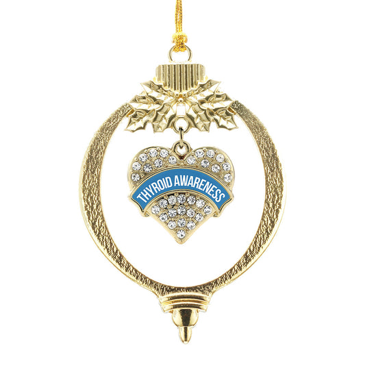 Gold Blue Thyroid Awareness Pave Heart Charm Holiday Ornament