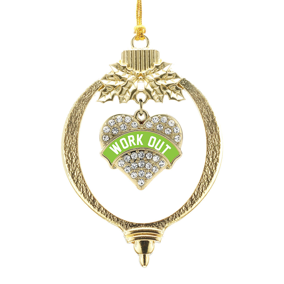 Gold Green Work Out Pave Heart Charm Holiday Ornament