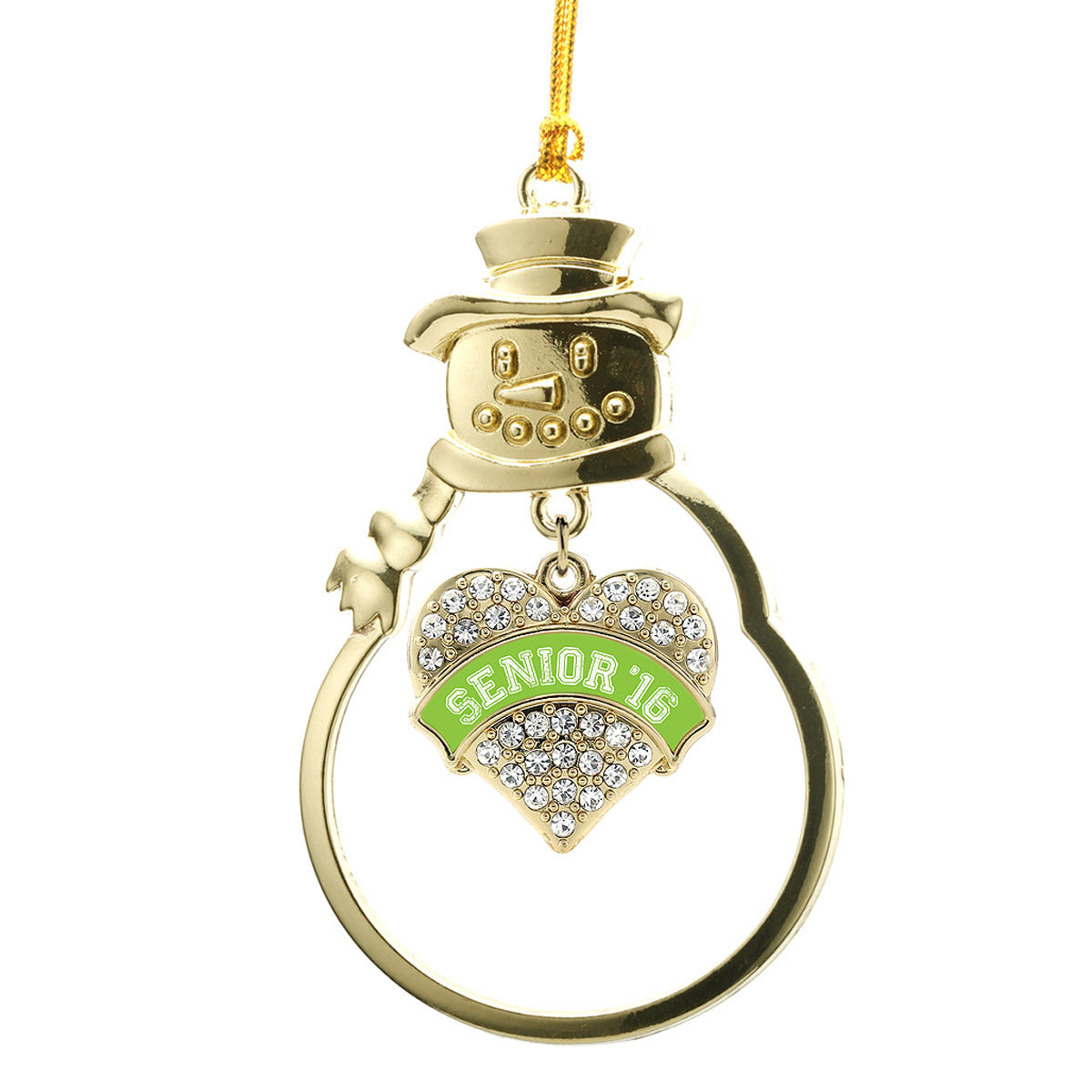 Gold Lime Green Senior 2016 Pave Heart Charm Snowman Ornament
