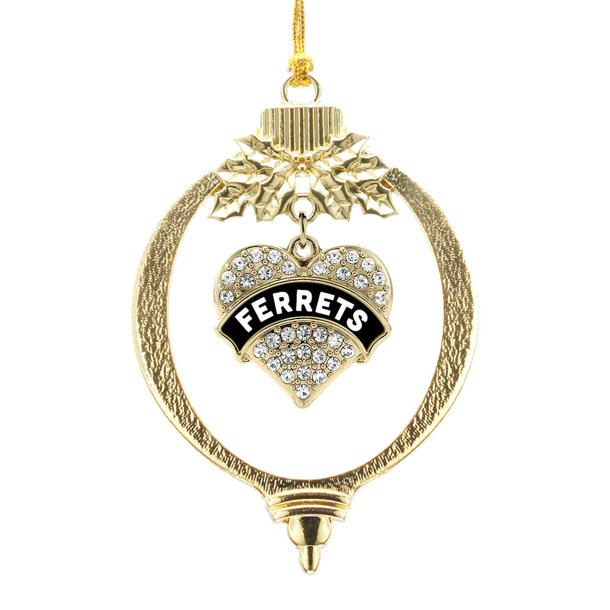 Gold Black and White Ferrets Pave Heart Charm Holiday Ornament