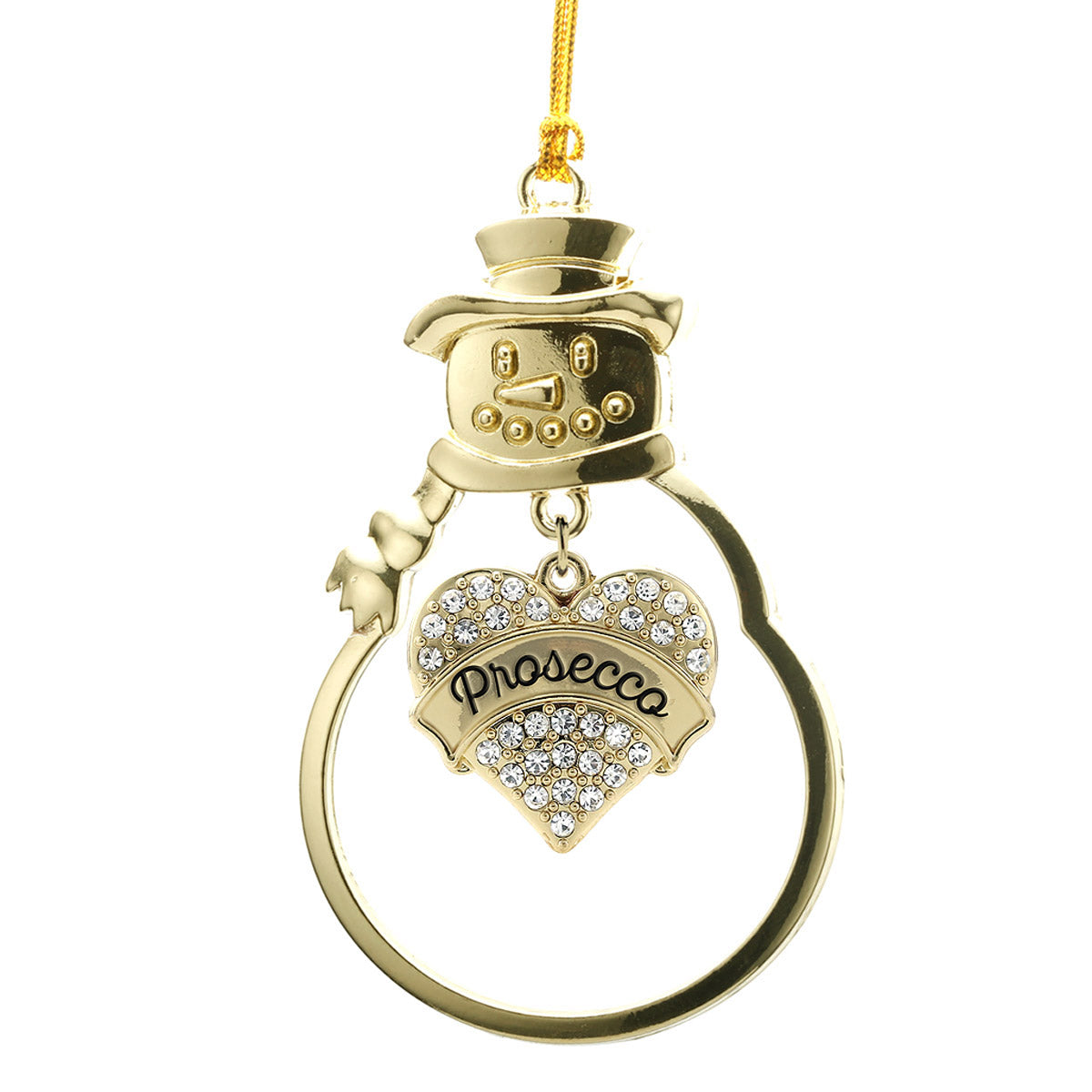 Gold Prosecco Pave Heart Charm Snowman Ornament