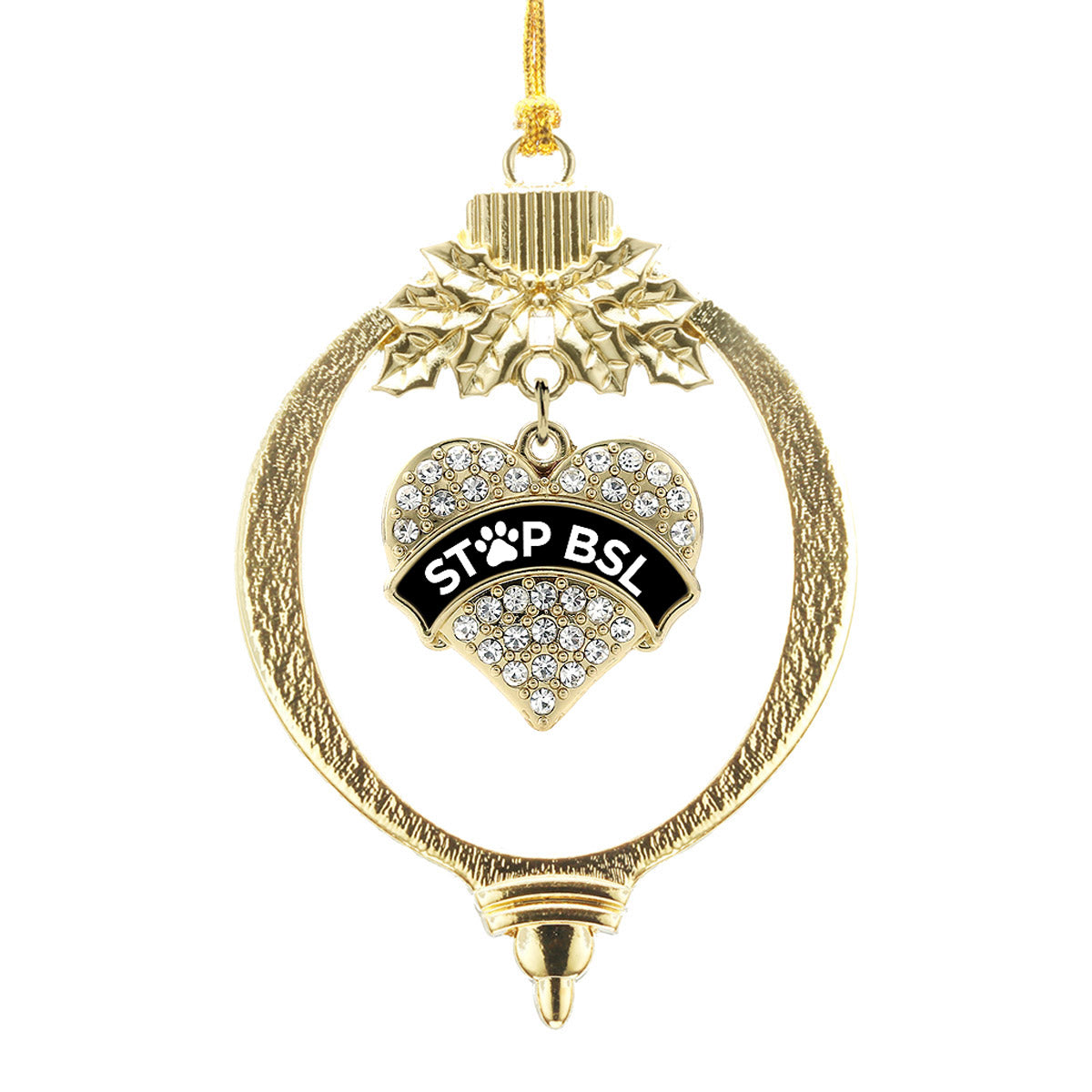 Gold STOP BSL Pave Heart Charm Holiday Ornament