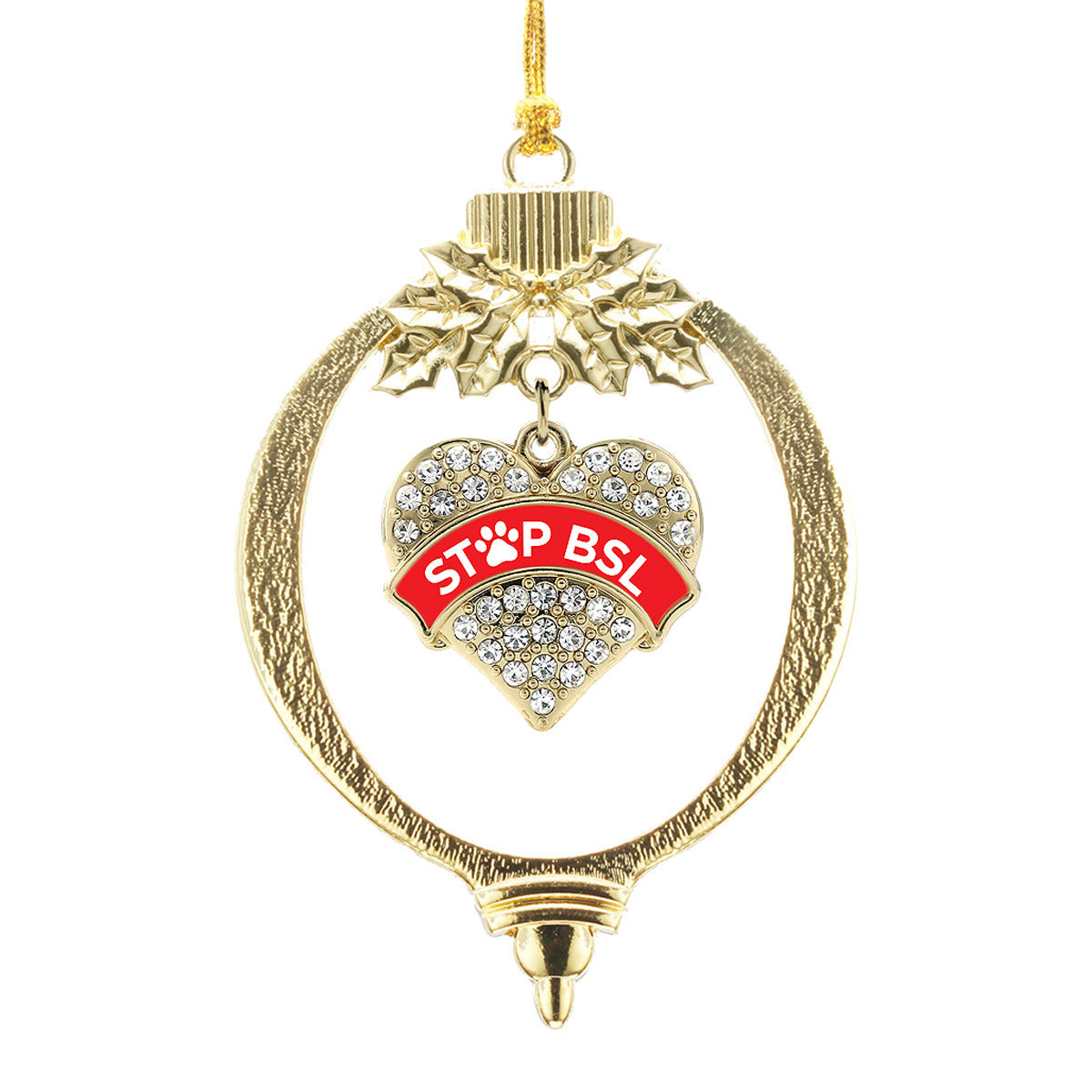 Gold STOP BSL - Red Pave Heart Charm Holiday Ornament