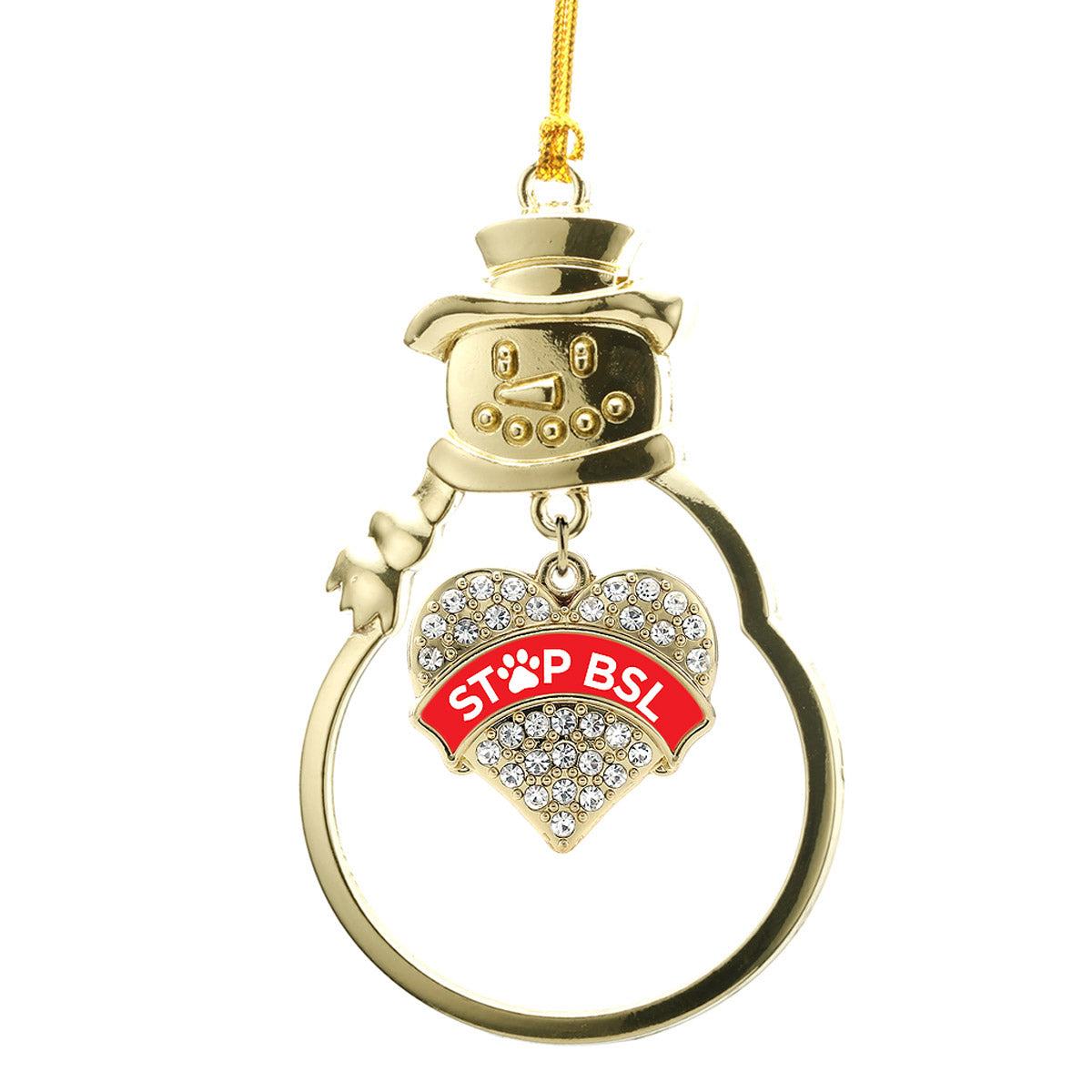 Gold STOP BSL - Red Pave Heart Charm Snowman Ornament