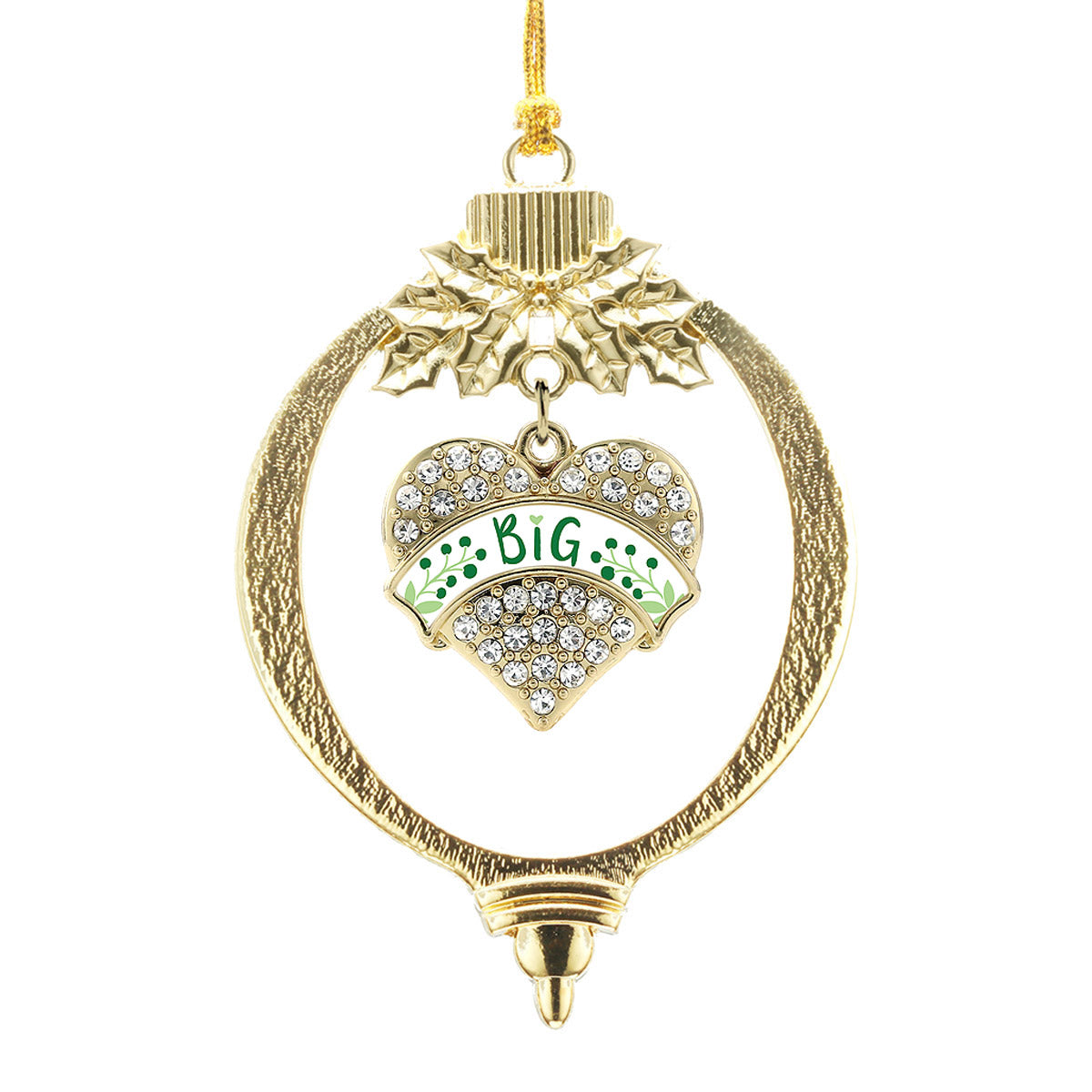 Gold Green and White Big Pave Heart Charm Holiday Ornament